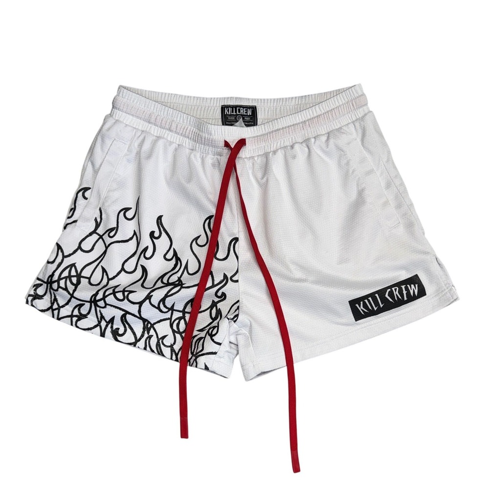 Kill Crew White Mesh Flame Graphic Gym Athletic Shorts 2XL Extra Long Drawcord
